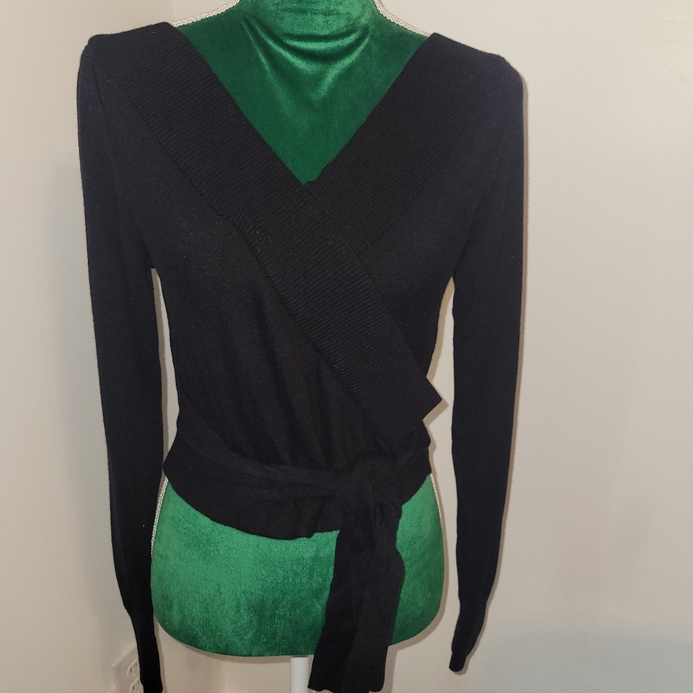 Anthropologie Black Wrap Cropped Tie Waist Sweater - Medium